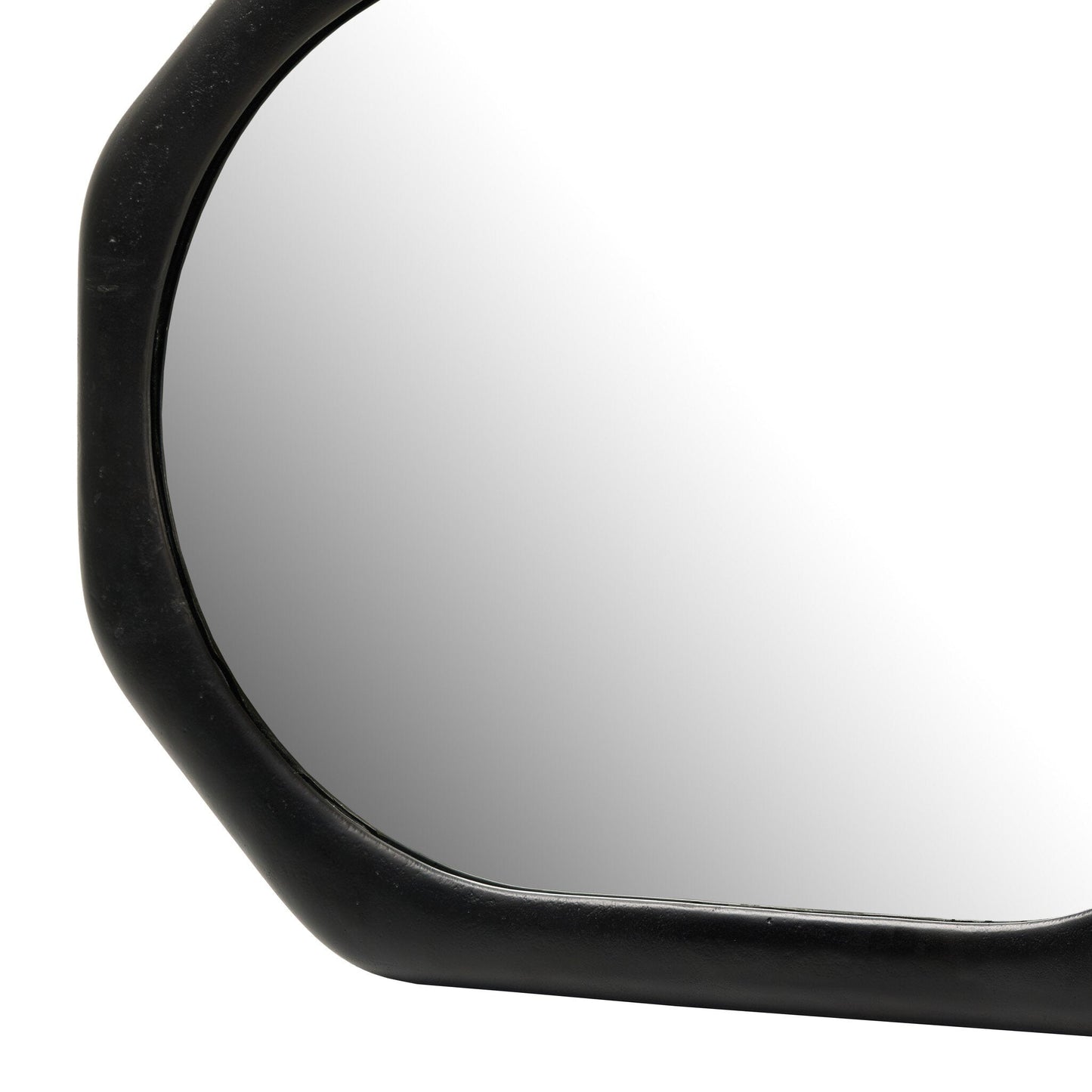 A close-up of the corner of a Brystol Wall Mirror in Black Antique finish, featuring a black frame and white background reflected in the glass; overall dimensions: 36.00"h.