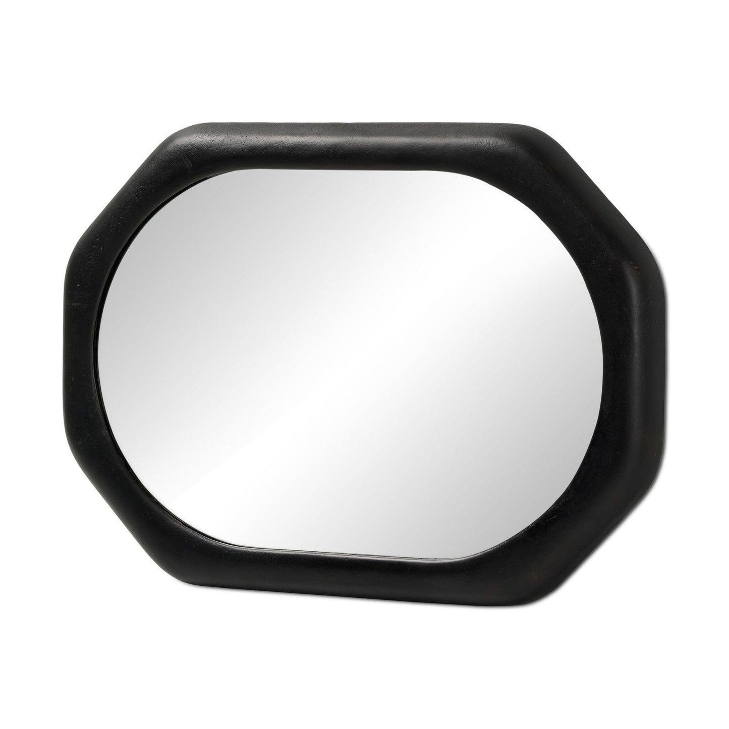 The Brystol Wall Mirror features a thick, black antique rounded octagonal frame and measures 36.00" high, beautifully reflecting light on its surface against a white background.