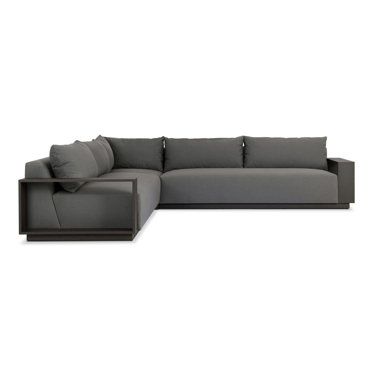 A modern, L-shaped outdoor sectional sofa named "Acrylic & Metal Framing | Wide Outdoor Sectional" with grey cushions and sleek dark framing, featuring luxurious upholstery, displayed against a white background.
