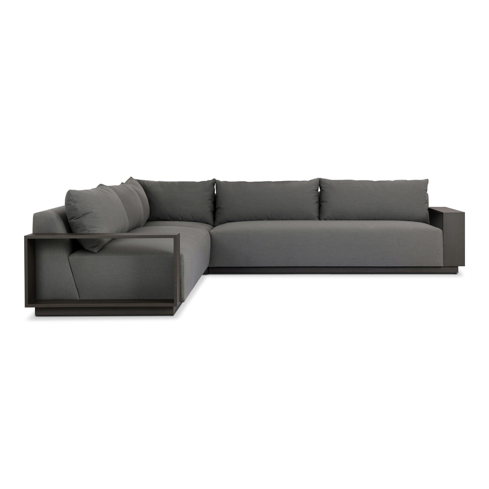 A modern, L-shaped outdoor sectional sofa named "Acrylic & Metal Framing | Wide Outdoor Sectional" with grey cushions and sleek dark framing, featuring luxurious upholstery, displayed against a white background.