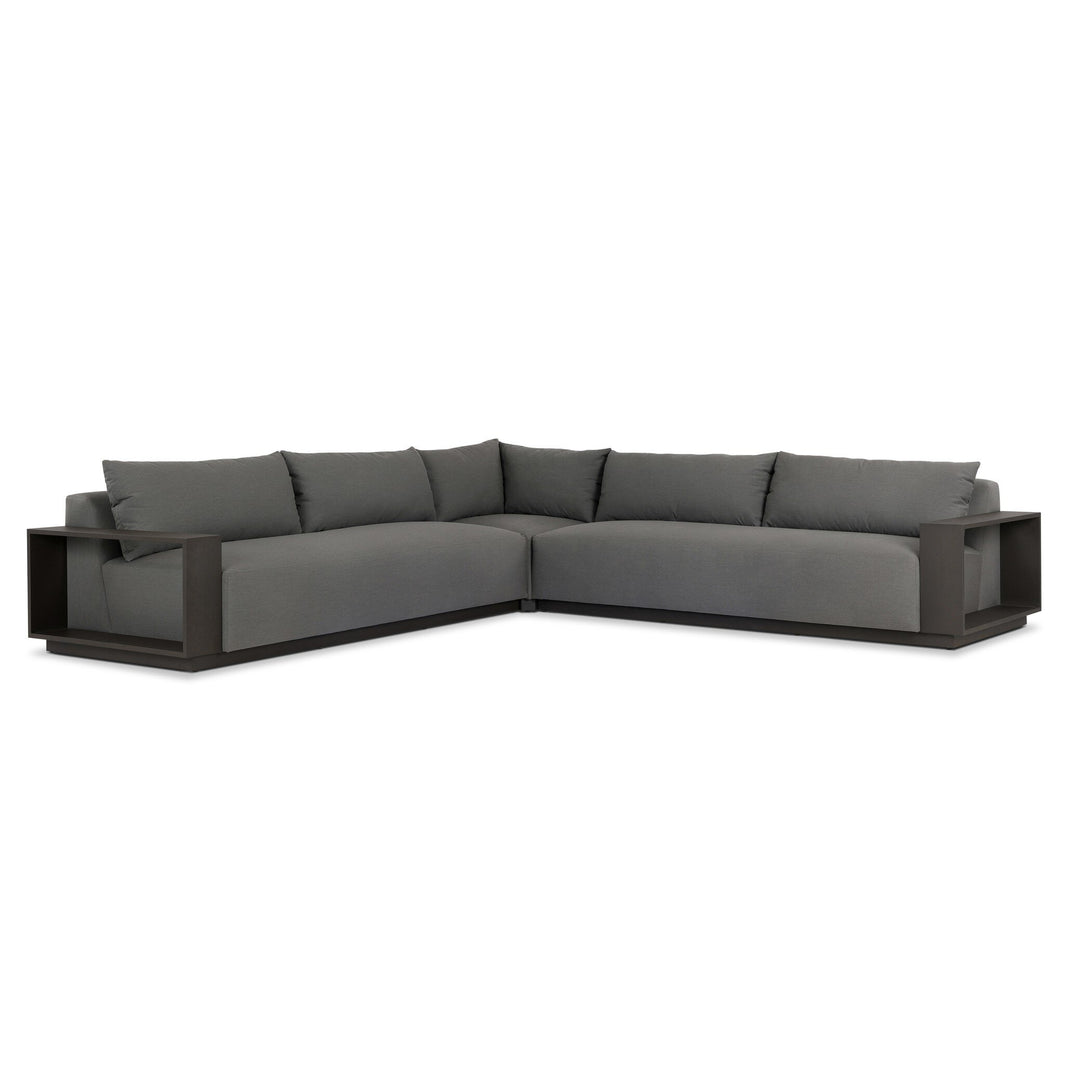 The Acrylic & Metal Framing | Wide Outdoor Sectional features dark gray cushions, wide flat wooden armrests and base, and luxurious upholstery—perfect for modern outdoor living spaces.
