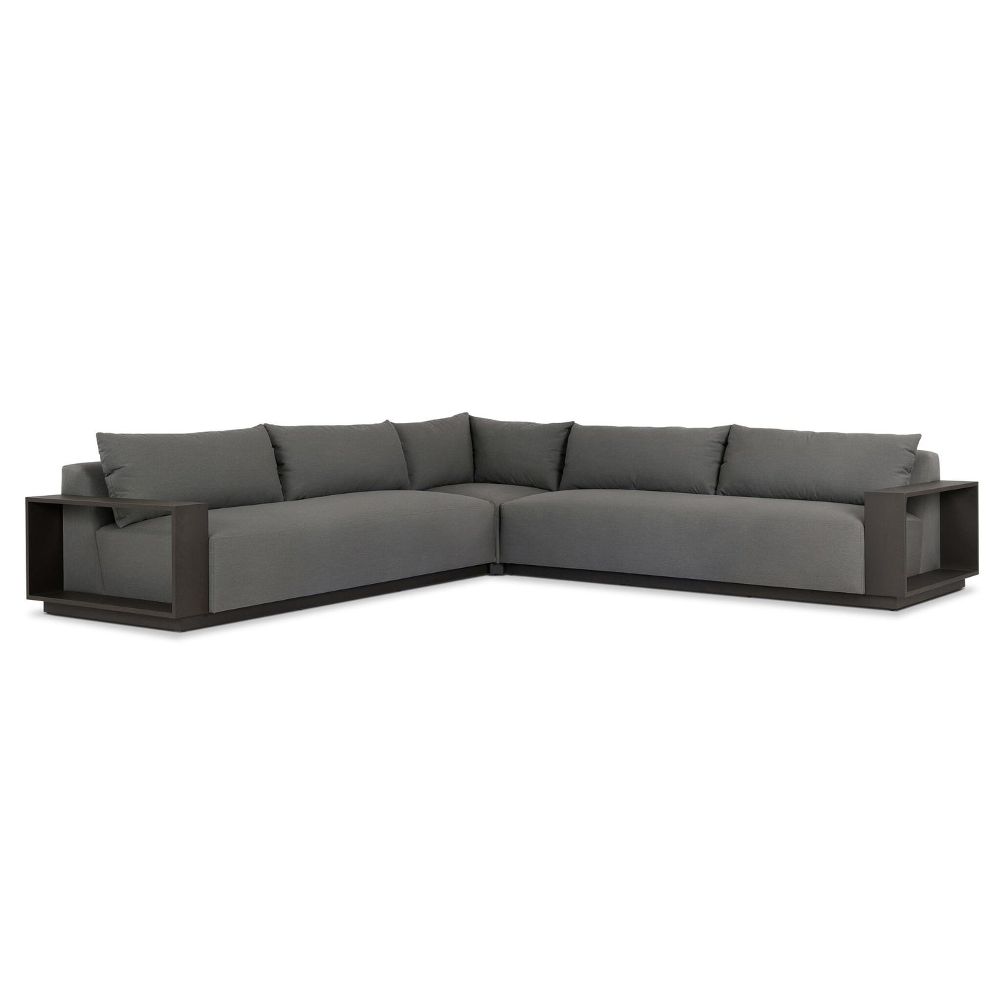 The Acrylic & Metal Framing | Wide Outdoor Sectional features dark gray cushions, wide flat wooden armrests and base, and luxurious upholstery—perfect for modern outdoor living spaces.