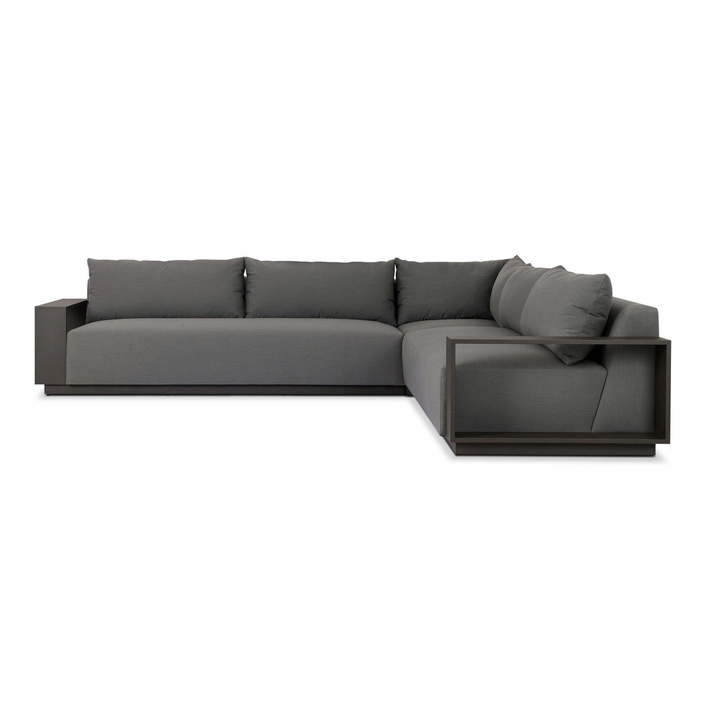 Contemporary gray L-shaped sectional sofa, the Acrylic & Metal Framing | Wide Outdoor Sectional, features wide armrests and plush back cushions with luxurious upholstery and a minimalist look, supported by a low-profile acrylic and metal frame.