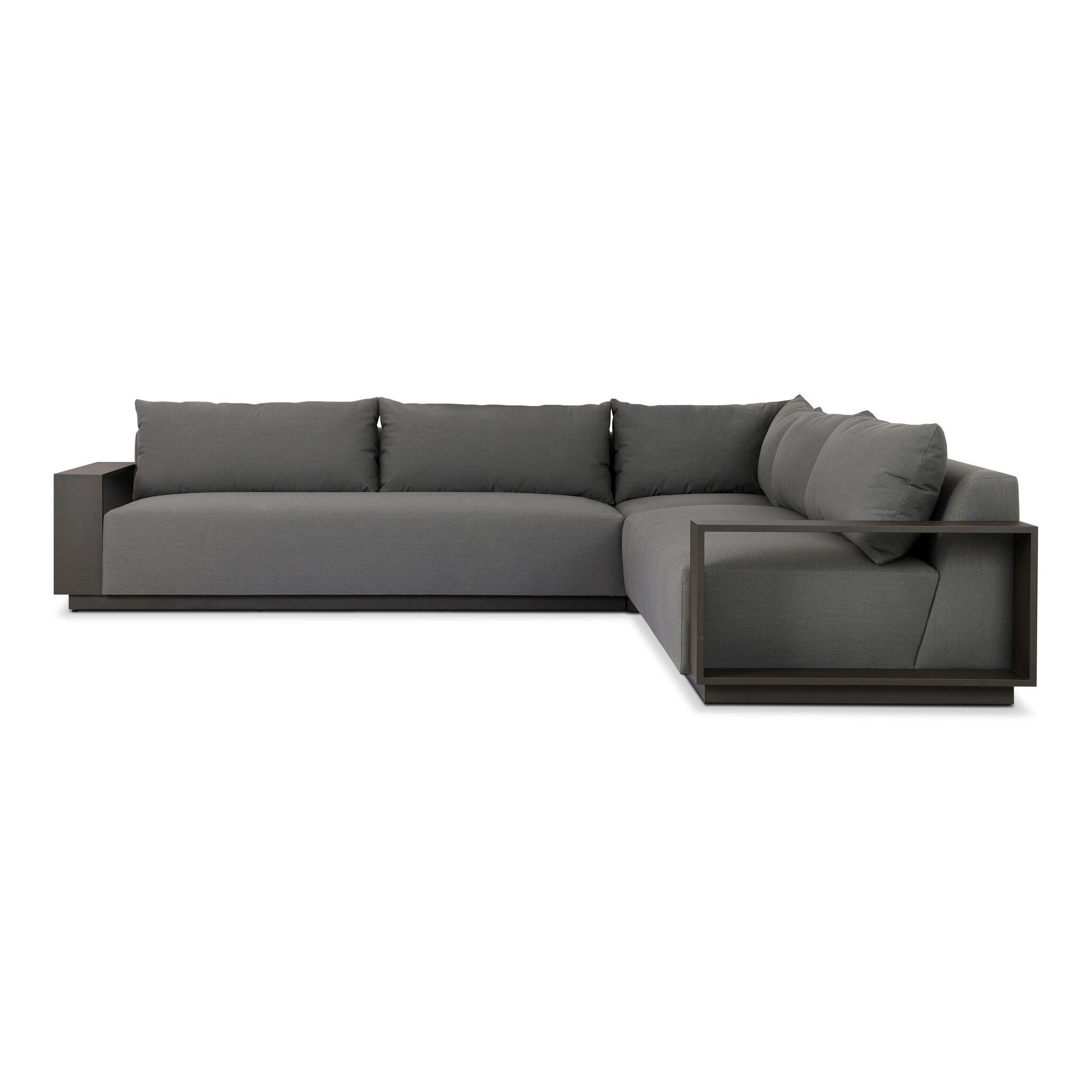 Contemporary gray L-shaped sectional sofa, the Acrylic & Metal Framing | Wide Outdoor Sectional, features wide armrests and plush back cushions with luxurious upholstery and a minimalist look, supported by a low-profile acrylic and metal frame.