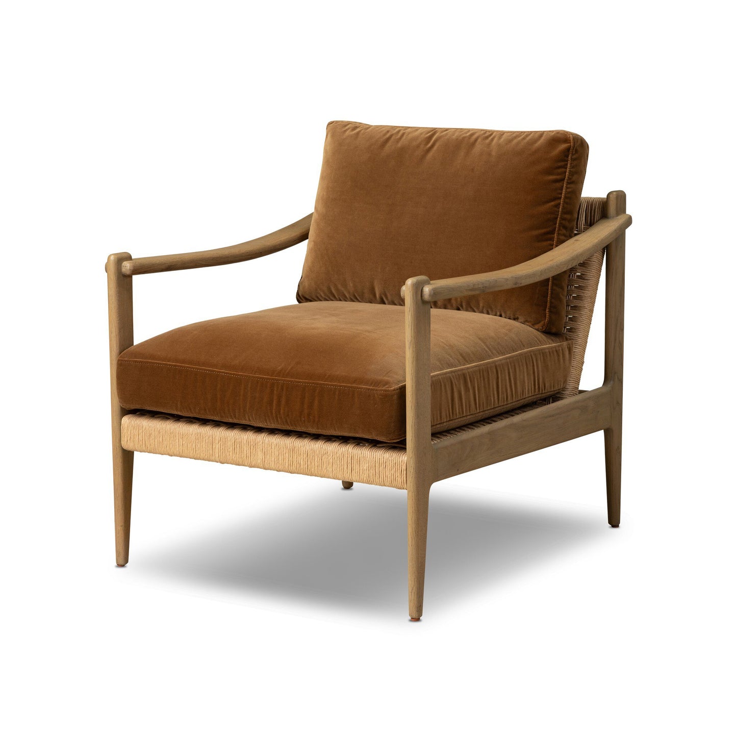 The Barwin Accent Chair features a light wood frame, angled legs, woven seat base, and plush rust velvet cushions; overall size is 29.50"W x 33.50"D x 31.75"H and is pictured against a white background.