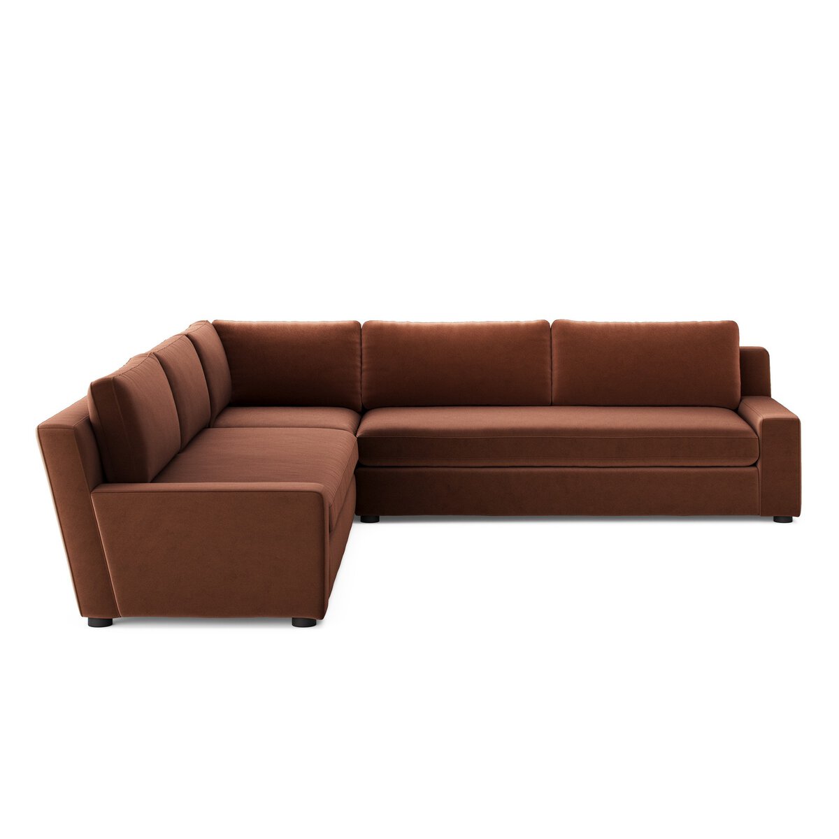 The Track Arm Modular Sectional is a brown modern sofa with a low backrest, wide track arms, clean lines, and plush foam cushions, shown against a plain white background.