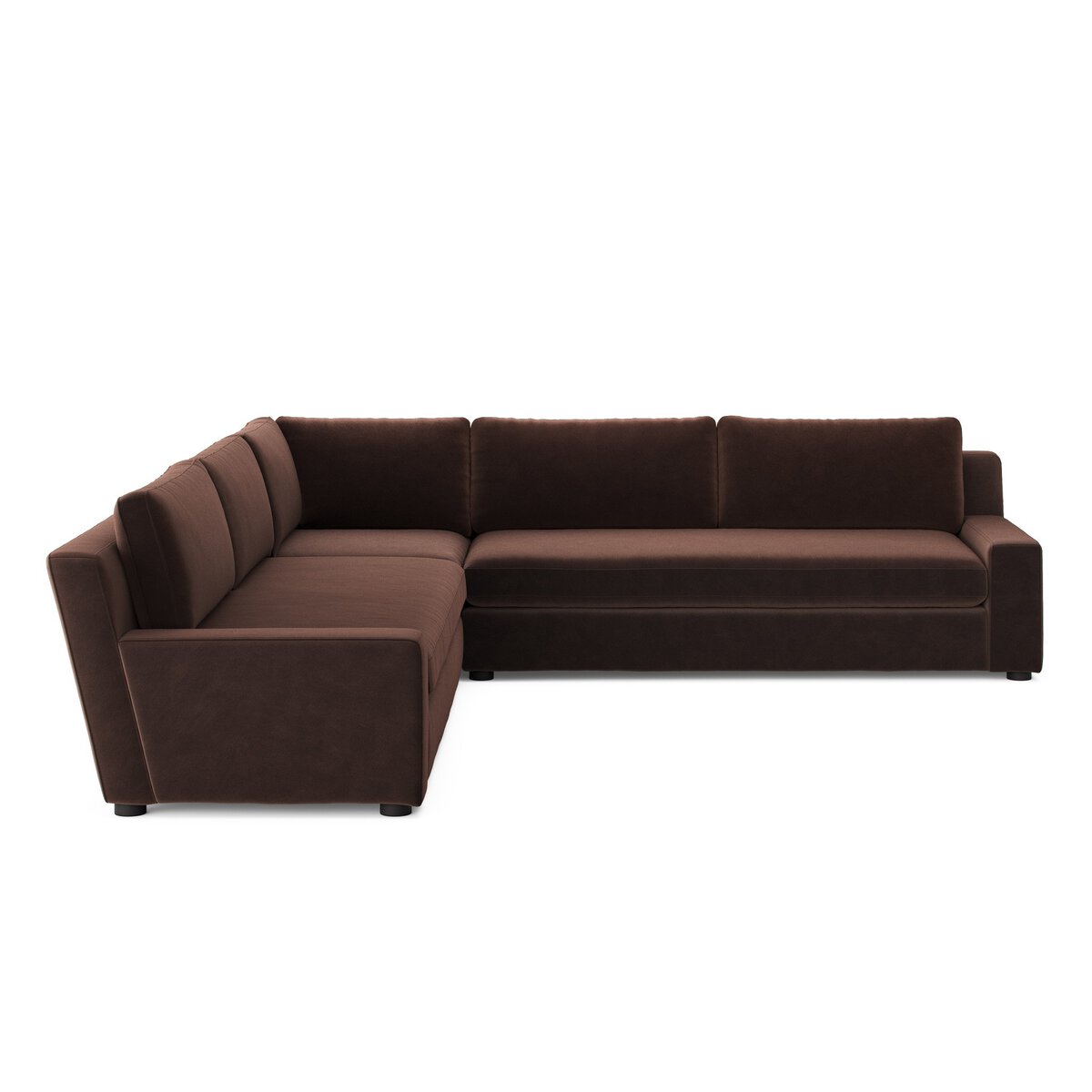 The Track Arm Modular Sectional is a large, modern sofa in dark brown fabric with plush foam cushions, wide low armrests, and a minimalist look, shown on a plain white background.