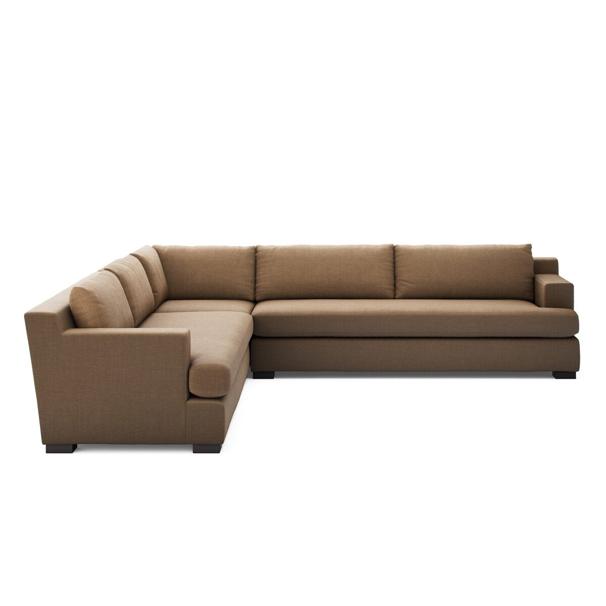 The Block Arm Modular Sectional features brown upholstery, deep seats, low backrests, wide armrests, and block-style feet for a modern look, set against a white background—an ideal stylish addition to any living room.