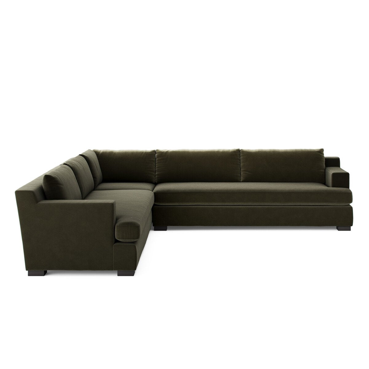The Block Arm Modular Sectional is a large, modern L-shaped sofa with dark green upholstery, square armrests, and plush back cushions—an eye-catching living room piece displayed against a plain white background.