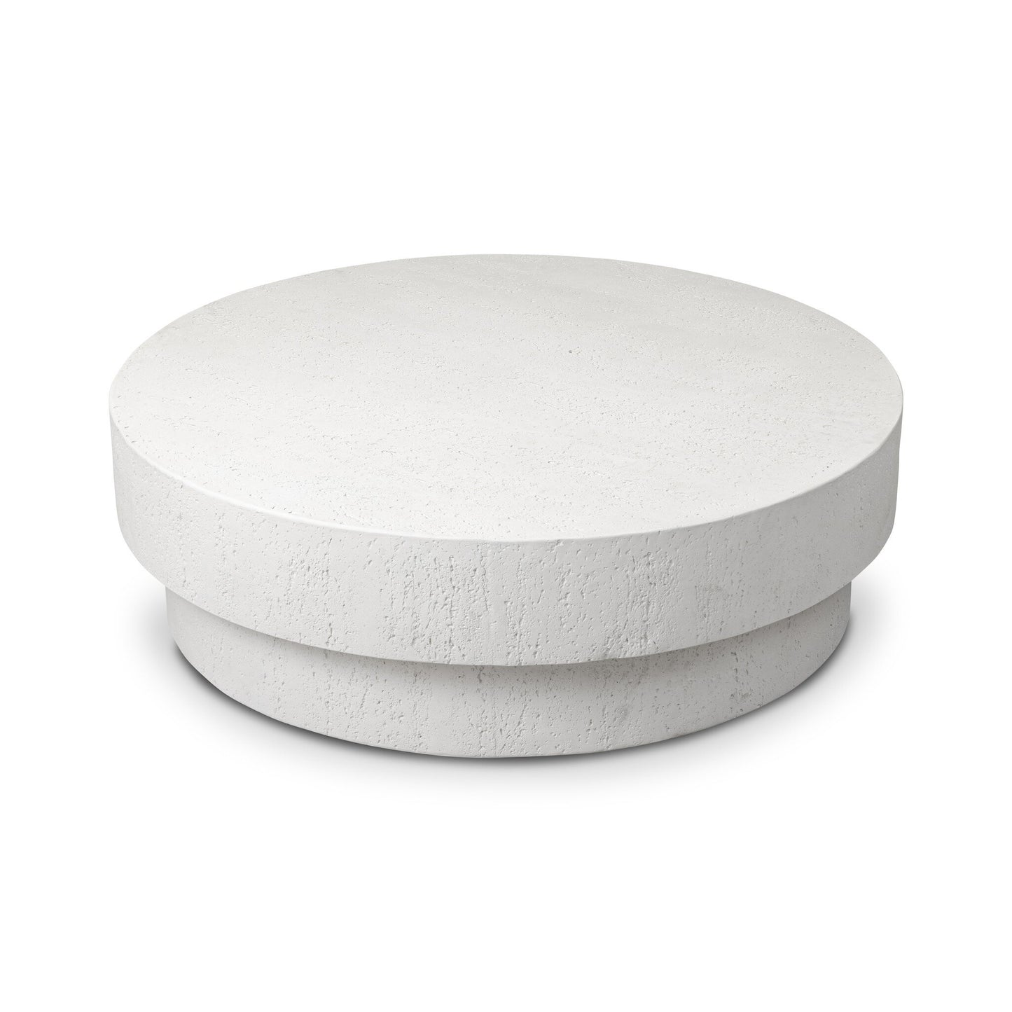 The Solid Concrete Plinth-Style Outdoor Coffee Table features a modern round design with a textured white concrete surface and a thick plinth base, displayed against a plain white background.