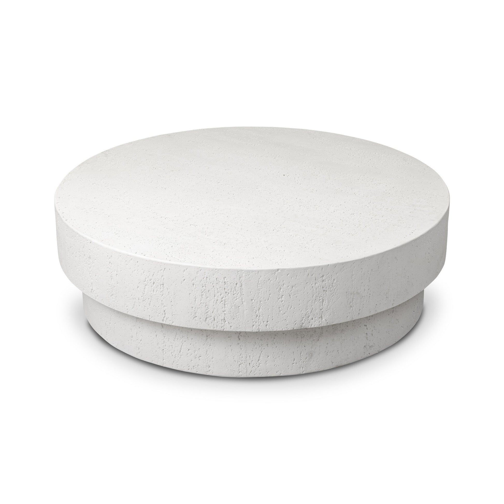 The Solid Concrete Plinth-Style Outdoor Coffee Table features a modern round design with a textured white concrete surface and a thick plinth base, displayed against a plain white background.