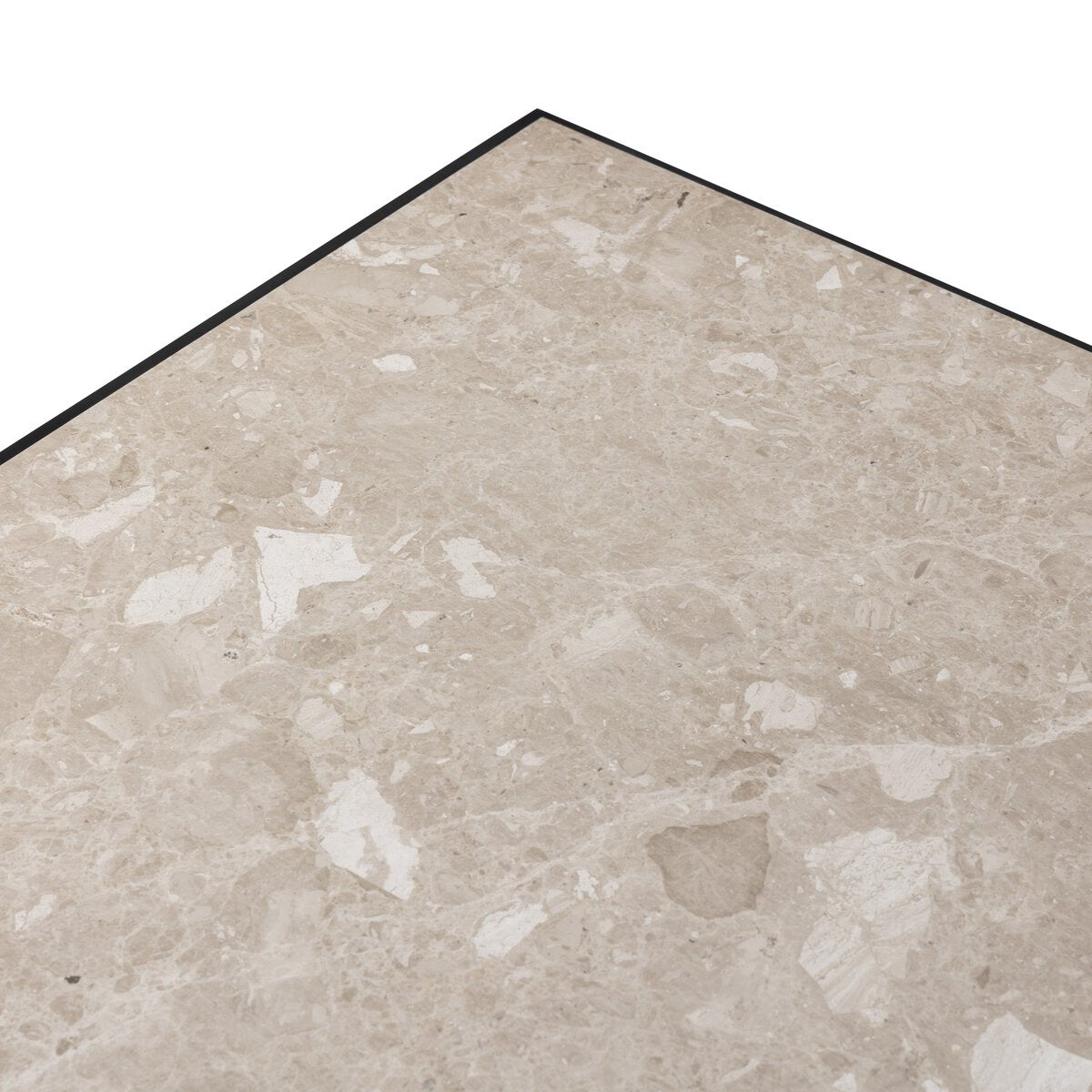 Close-up of the Babylon Desk in beige marble with a polished finish, showing natural stone patterns and veining. The corner detail stands out against a white background, making it perfect to complement your workspace.