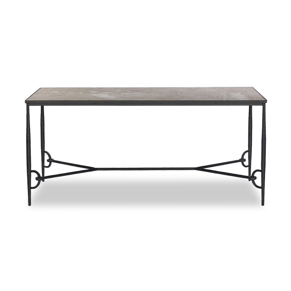 The Babylon Desk is a rectangular table with a light tabletop and black metal frame, featuring decorative curved side supports. Perfect as a sofa table, it measures 68 inches wide overall.