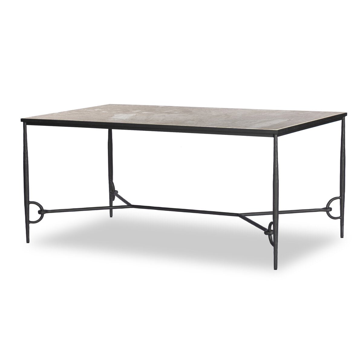 The Babylon Desk features a smooth stone top, a simple black metal frame with slender legs and decorative circular accents near the base. Its 68-inch width makes it perfect for placement alongside a sofa.