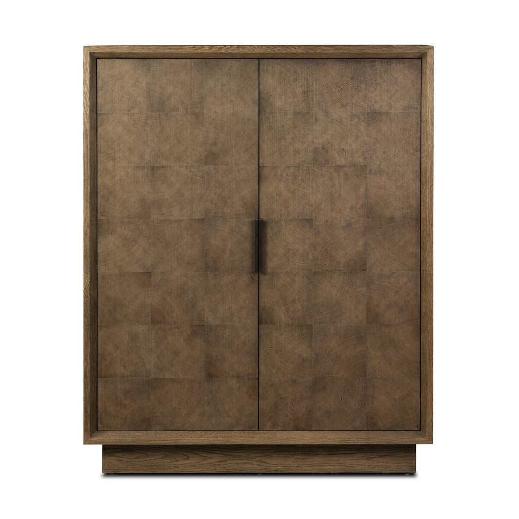The Salta Bar Cabinet is a large, rectangular wooden piece measuring 42.50"w x 20.00"d x 53.25"h, with two closed doors featuring a subtle square-patterned veneer, a vertical center handle, and a solid rectangular base.
