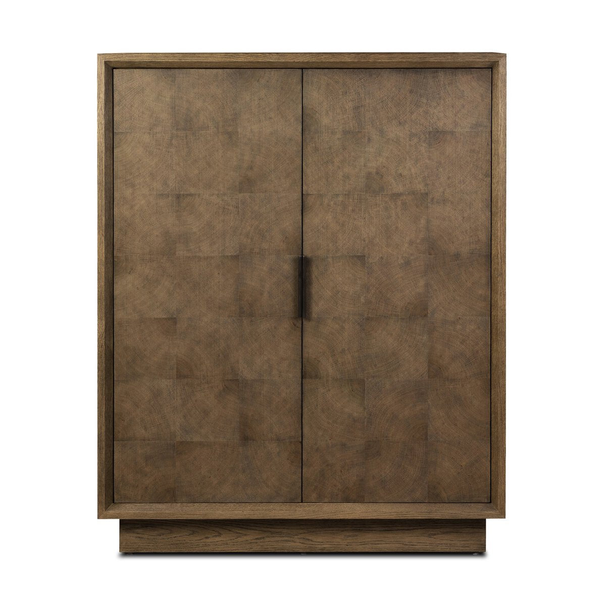 The Salta Bar Cabinet is a large, rectangular wooden piece measuring 42.50"w x 20.00"d x 53.25"h, with two closed doors featuring a subtle square-patterned veneer, a vertical center handle, and a solid rectangular base.
