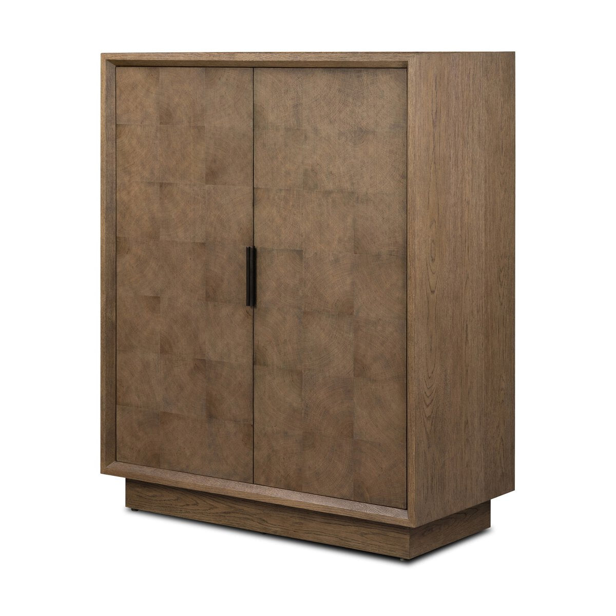 The Salta Bar Cabinet is a large wooden storage piece (42.50"w x 20.00"d x 53.25"h) with two doors, a modern rectangular silhouette, front subtle texture, and a single vertical black handle centered on its recessed base.