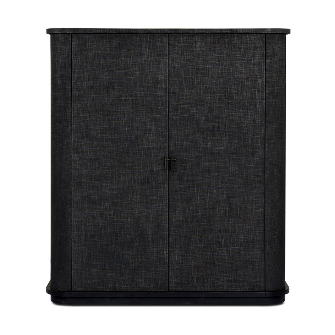 The Berlin Cabinet is a tall, rectangular black cabinet with a textured surface, two doors with a small central handle, standing on a sturdy base. Overall dimensions: 55.00"w x 20.00"d x 62.00"h.