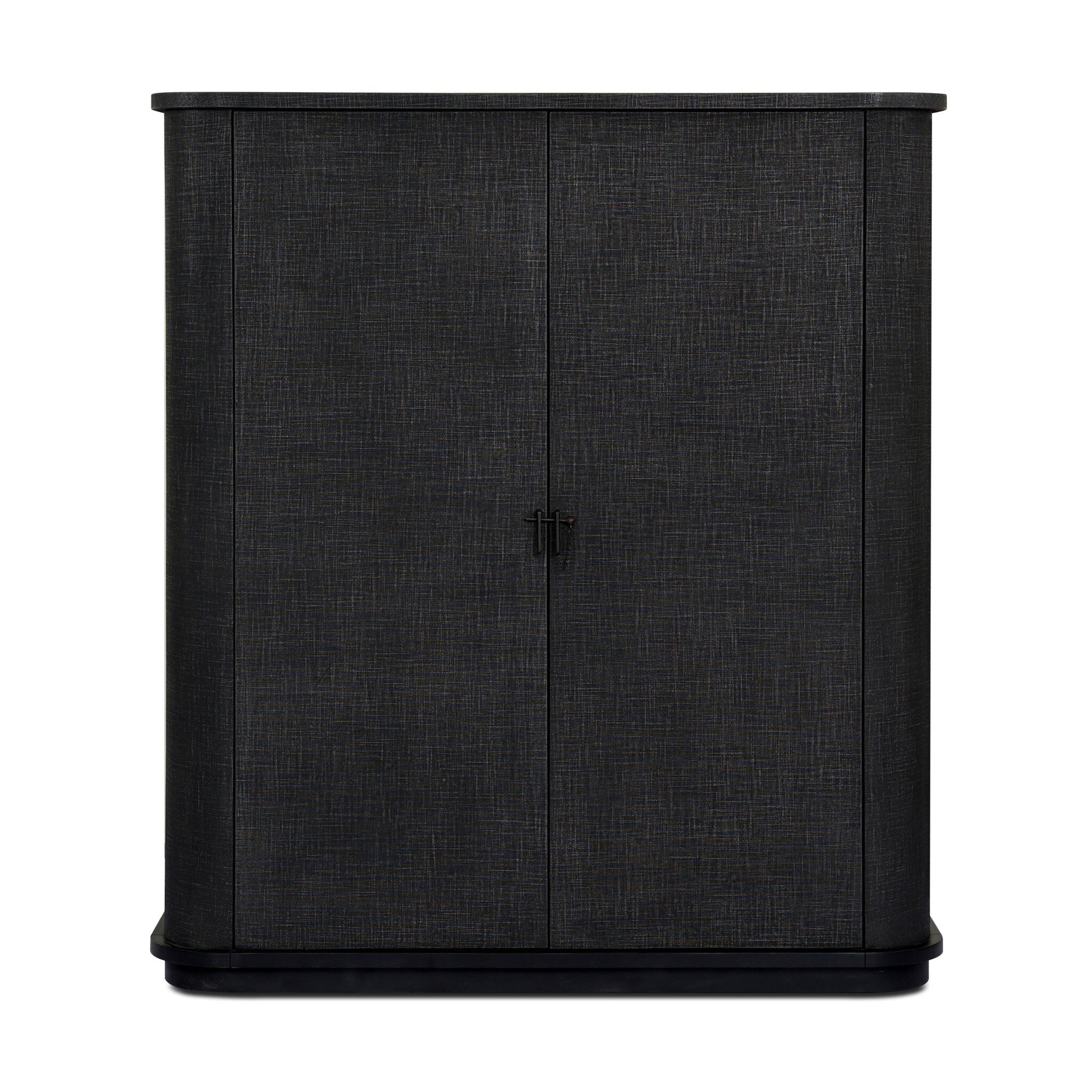 The Berlin Cabinet is a tall, rectangular black cabinet with a textured surface, two doors with a small central handle, standing on a sturdy base. Overall dimensions: 55.00"w x 20.00"d x 62.00"h.