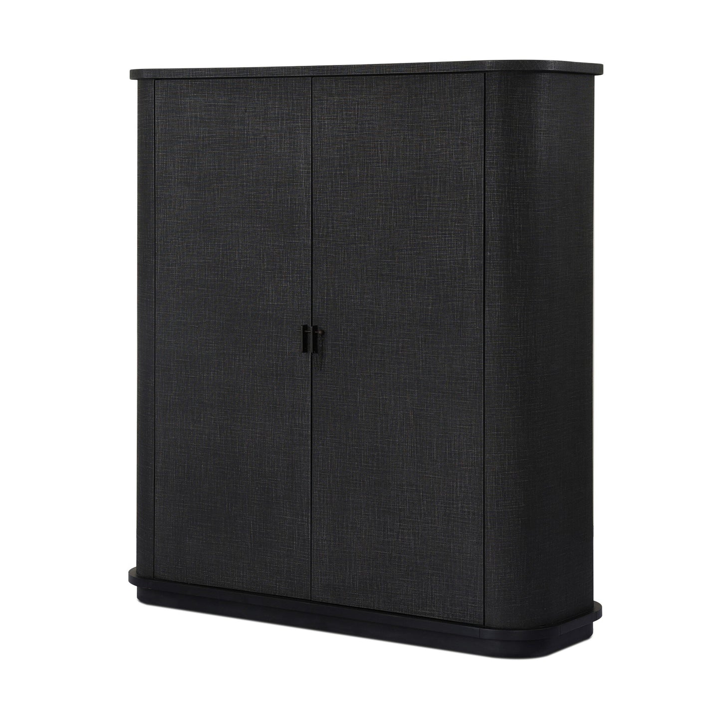 The Berlin Cabinet is a black, modern storage piece with two doors, a textured finish, rounded top corners, and a flat base. Displayed against a white background. Dimensions: 55.00"w x 20.00"d x 62.00"h.