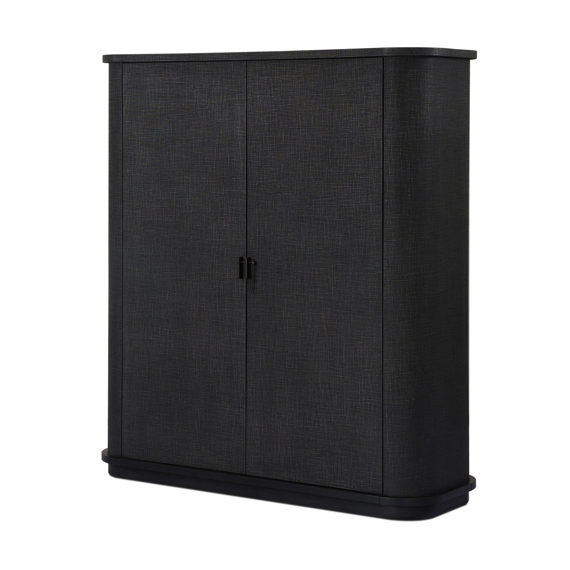 The Berlin Cabinet is a black, modern storage piece with two doors, a textured finish, rounded top corners, and a flat base. Displayed against a white background. Dimensions: 55.00"w x 20.00"d x 62.00"h.