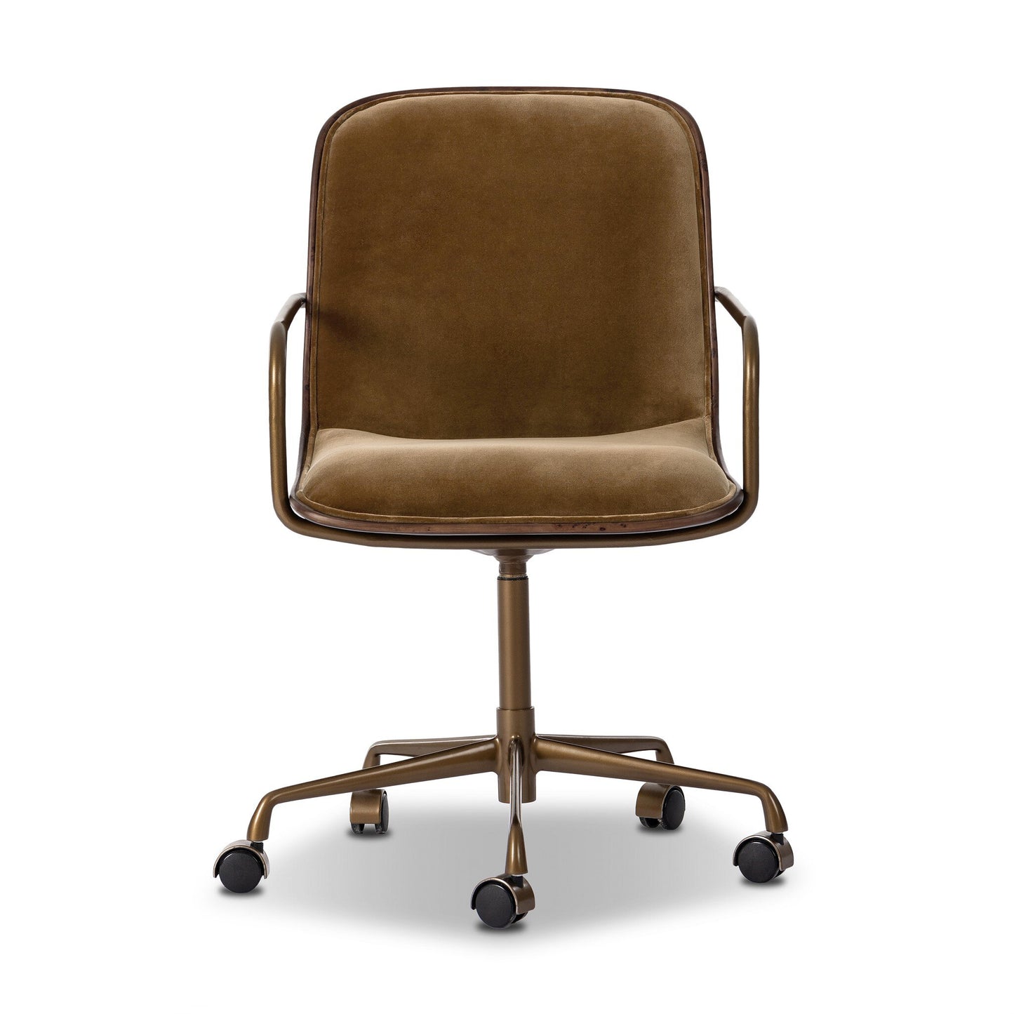 The Kendra Desk Chair is a brown velvet office chair with metal armrests and base, five black caster wheels, and a curved modern design. Its front-facing dimensions are 21.50"w x 26.50"d x 36.25"h.