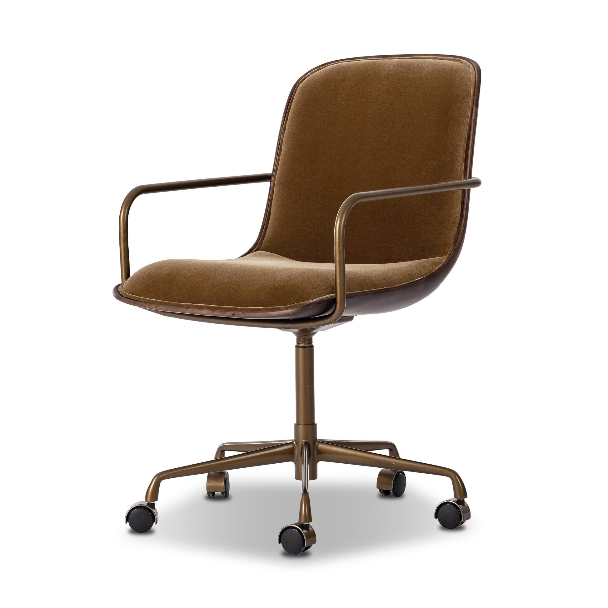 The Kendra Desk Chair features brown velvet upholstery, curved metal armrests, a cushioned seat and backrest, and a five-wheel metal base. Overall dimensions are 21.50"w x 26.50"d x 36.25"h.