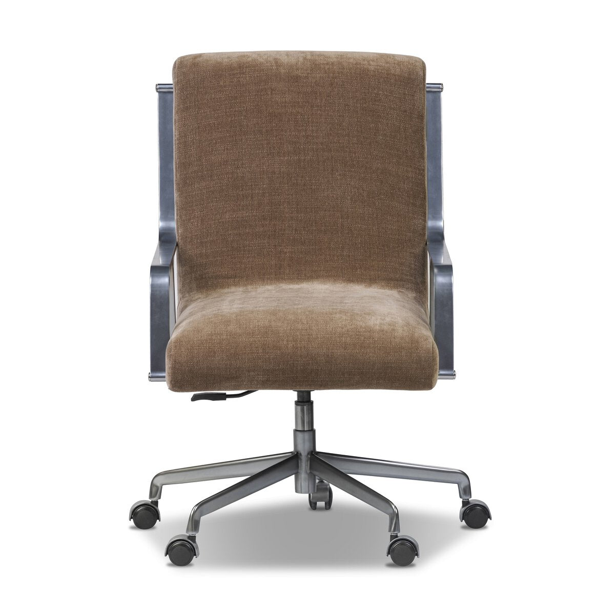 The Lou Desk Chair features brown upholstery, ergonomic design, metal armrests, and a five-wheel metal base, shown from the front against a white background.