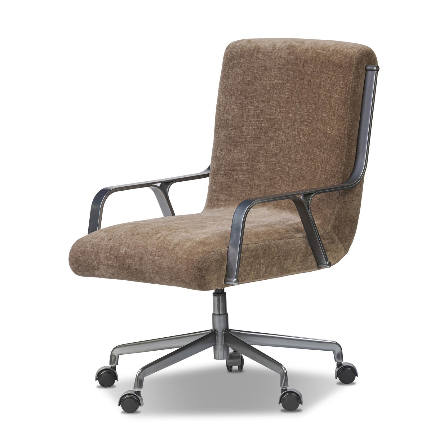 The Lou Desk Chair is a brown upholstered ergonomic office chair featuring black metal armrests and a five-wheel base, shown against a white background.