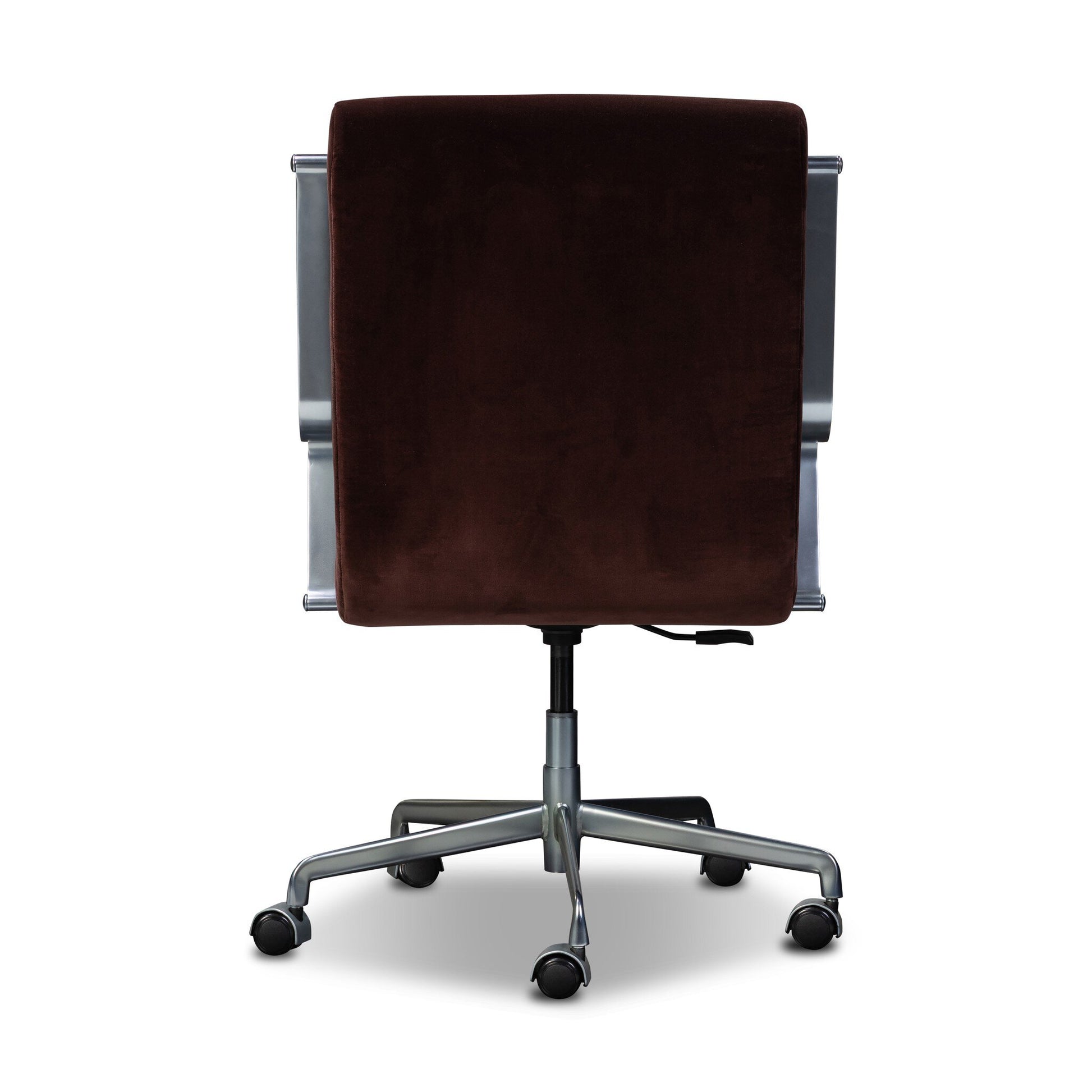 The Lou Desk Chair features a dark brown cushioned backrest, metal frame, and five-wheel silver base, shown from the back against a white background. Dimensions: 23.25"w x 28.50"d x 37.25"h.