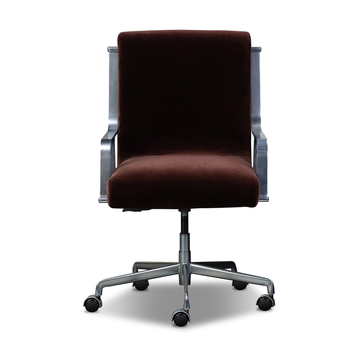 The Lou Desk Chair features a modern ergonomic design with a dark brown cushioned seat and backrest, metal armrests, and a silver five-wheel swivel base, shown against a white background.
