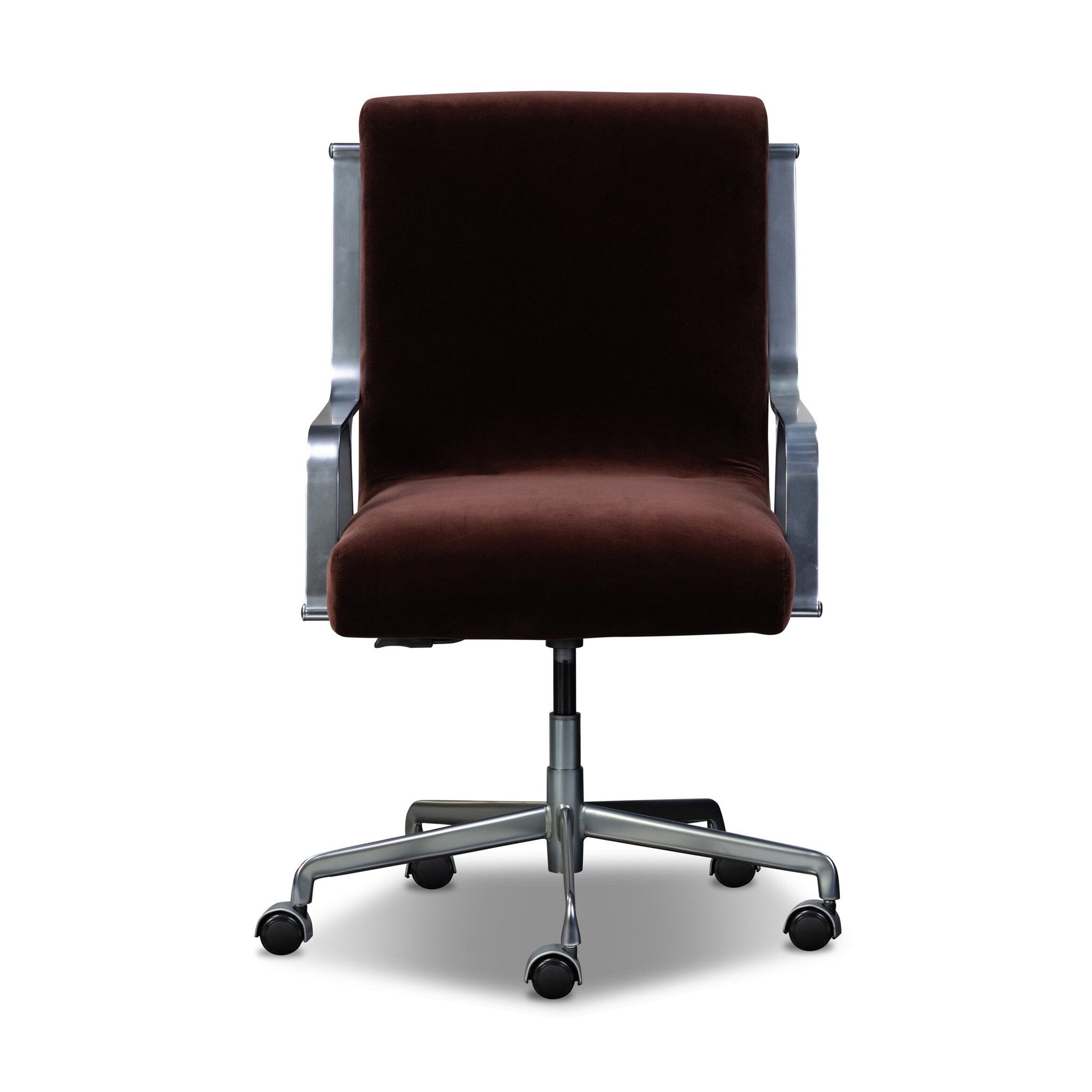 The Lou Desk Chair features a modern ergonomic design with a dark brown cushioned seat and backrest, metal armrests, and a silver five-wheel swivel base, shown against a white background.