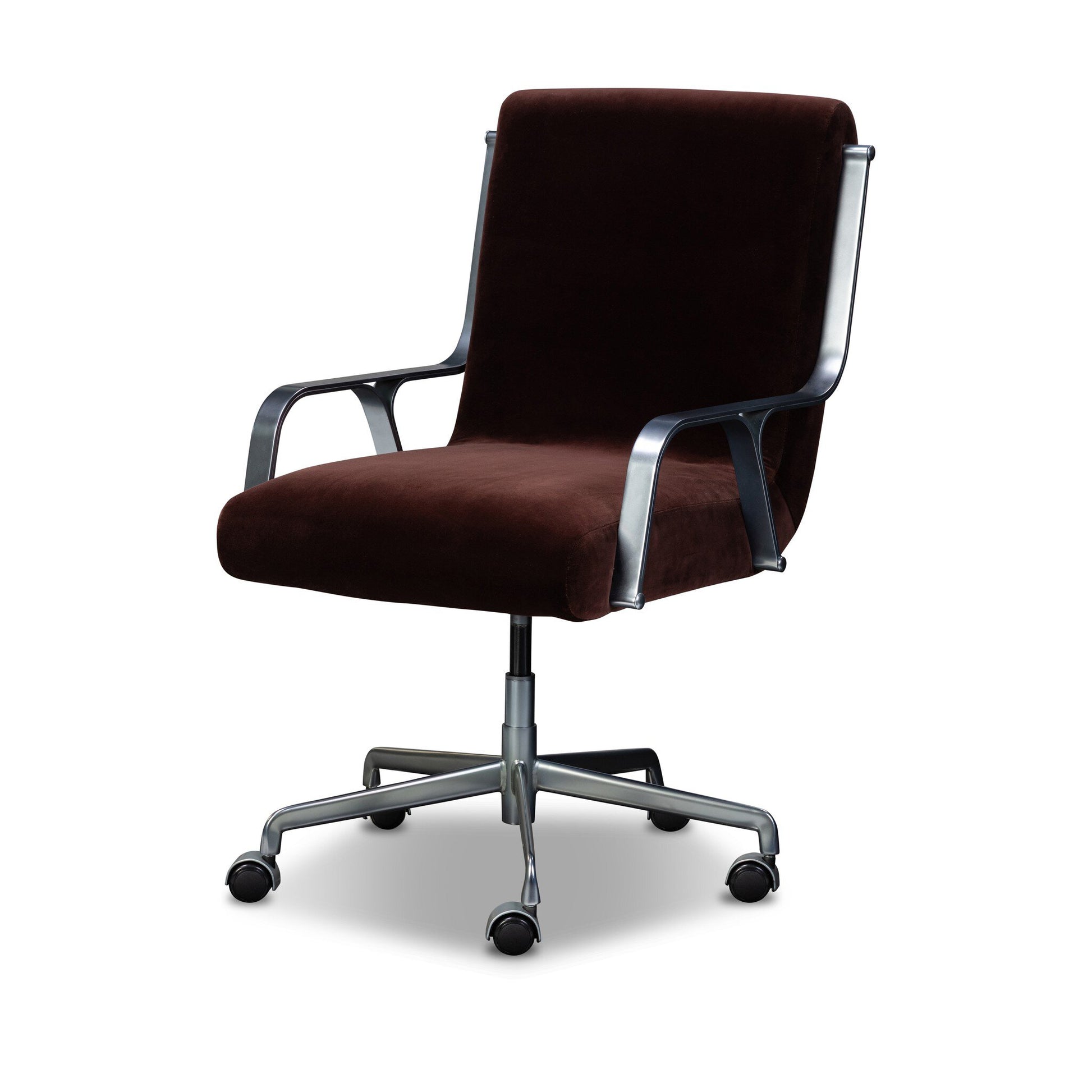 The Lou Desk Chair is a brown, cushioned ergonomic chair with armrests, a metal frame, and a five-star wheeled base, shown on a white background.