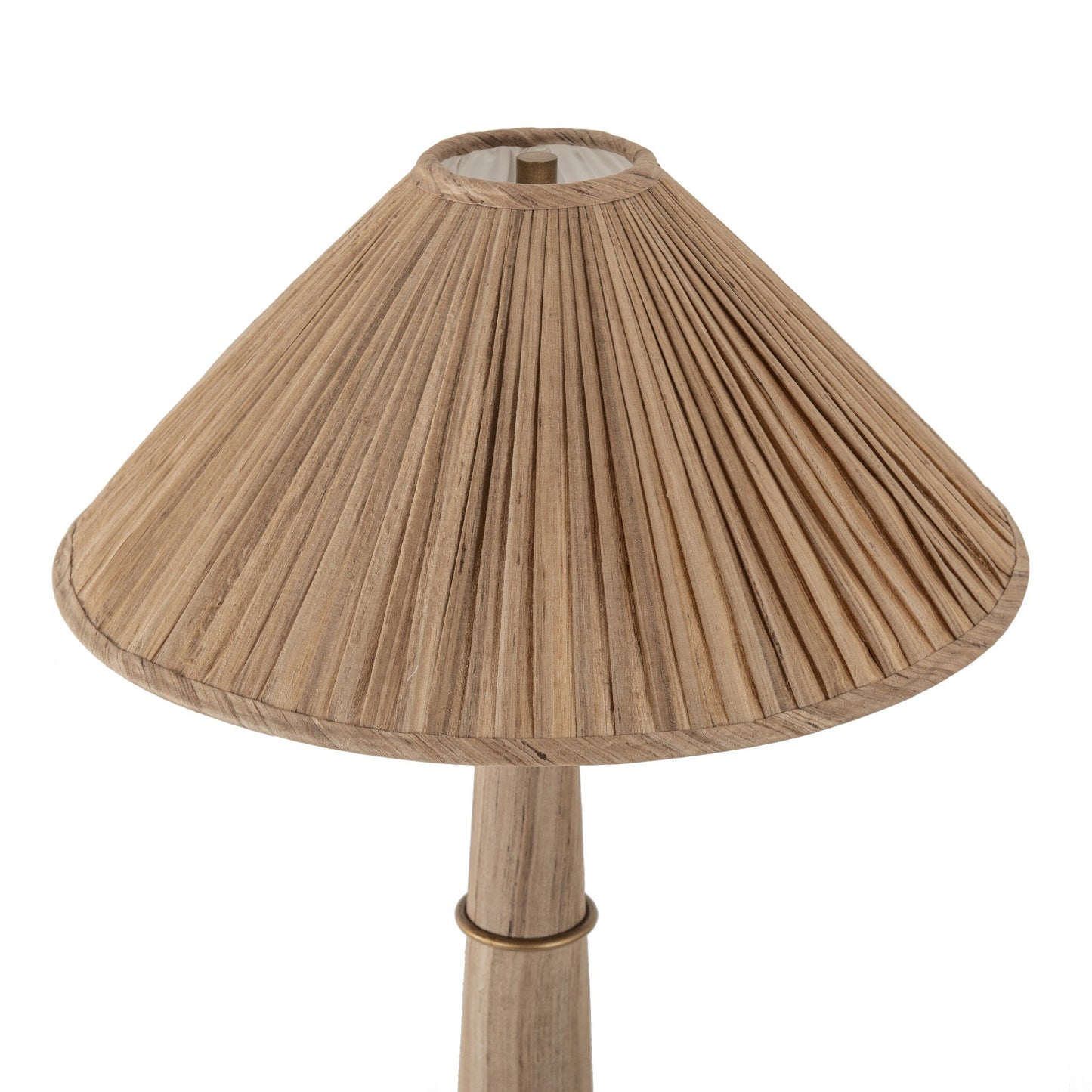 A close-up of the Cordelia Floor Lamp, featuring a wooden base and pleated conical shade, set against a white background—ideal for brightening any office storage cabinet or workspace.