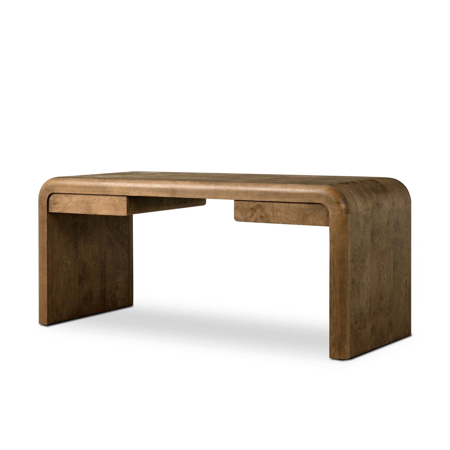 The Daven Desk is a modern wooden desk with smooth, rounded edges, two deep leg panels, and a natural wood grain finish. Sized at 70"w x 28"d x 30"h. Please inquire for current wait time.