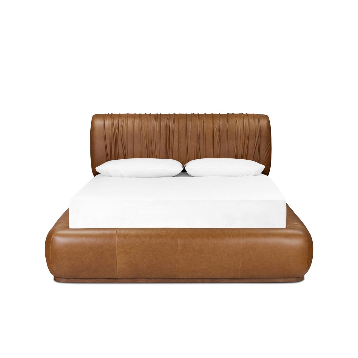 The Ronaldo Bed features a brown leather upholstered frame and headboard with vertical stitching, a white mattress, and two white pillows. Dimensions are 91.25"w x 101"d x 41"h, shown against a plain white background.