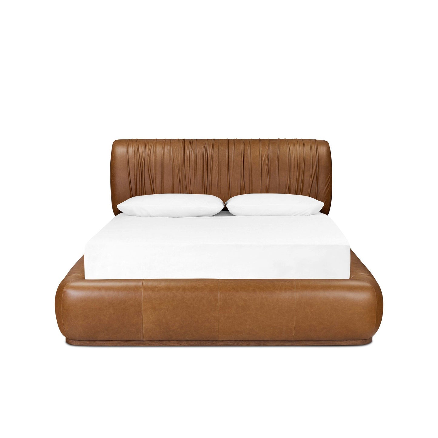 The Ronaldo Bed features a modern brown tufted leather frame and headboard, with two white pillows and a white mattress. Overall dimensions: 91.25"w x 101.00"d x 41.00"h; photographed against a plain white background.