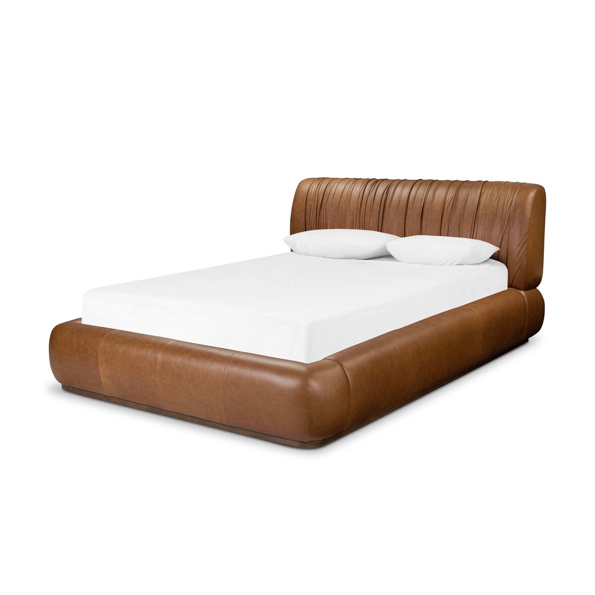 The Ronaldo Bed is a modern brown leather platform bed featuring a tall, vertically-stitched headboard, low frame, and two white pillows on a white mattress. Overall dimensions are 91.25"w x 101.00"d x 41.00"h; please inquire for wait time.
