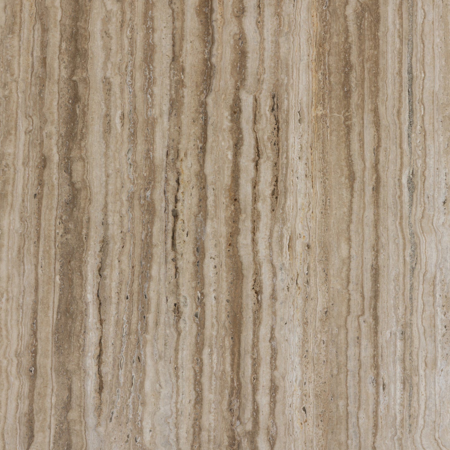 Close-up of the Bourne Dining Table’s beige and light brown stone surface with vertical wavy lines and natural texture, resembling polished travertine—ideal for a 55x55" table with a 30" overall height.