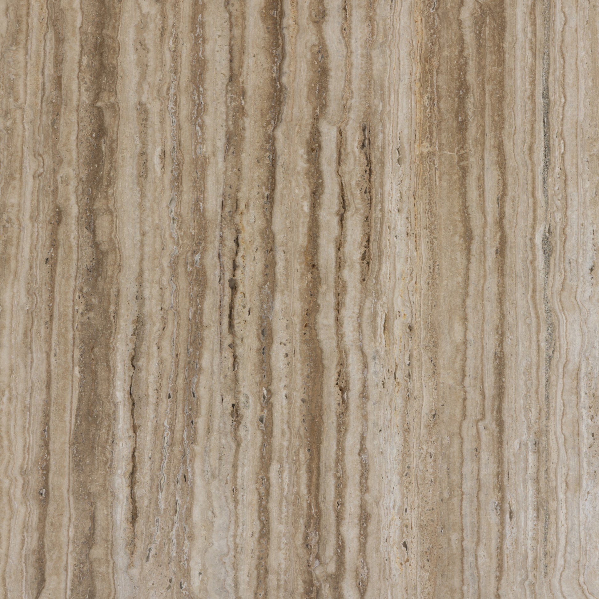 Close-up of the Bourne Dining Table’s beige and light brown stone surface with vertical wavy lines and natural texture, resembling polished travertine—ideal for a 55x55" table with a 30" overall height.