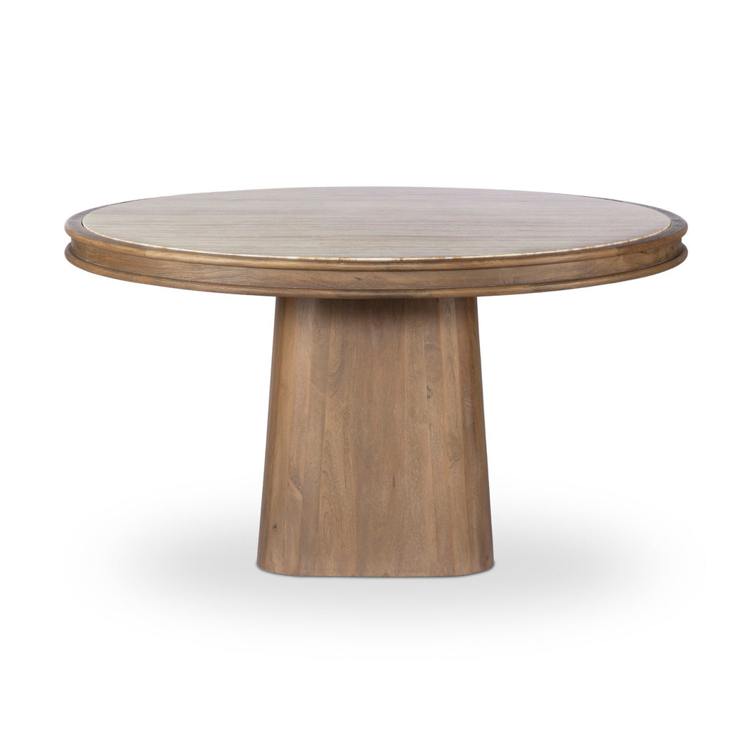 The Bourne Dining Table features a round wooden 55x55 inch smooth top and a thick cylindrical pedestal base, standing 30 inches high, presented against a plain white background.
