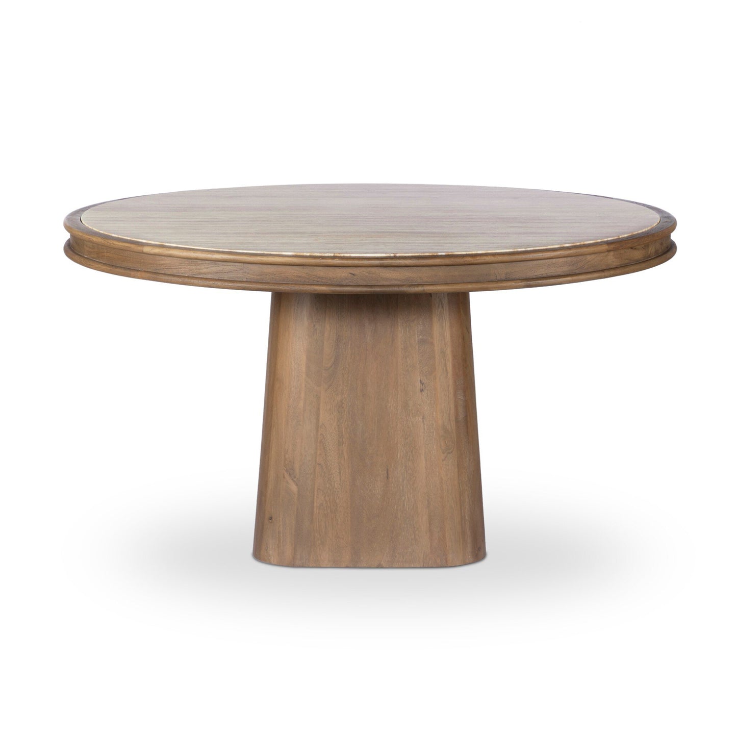 The Bourne Dining Table features a round wooden 55x55 inch smooth top and a thick cylindrical pedestal base, standing 30 inches high, presented against a plain white background.