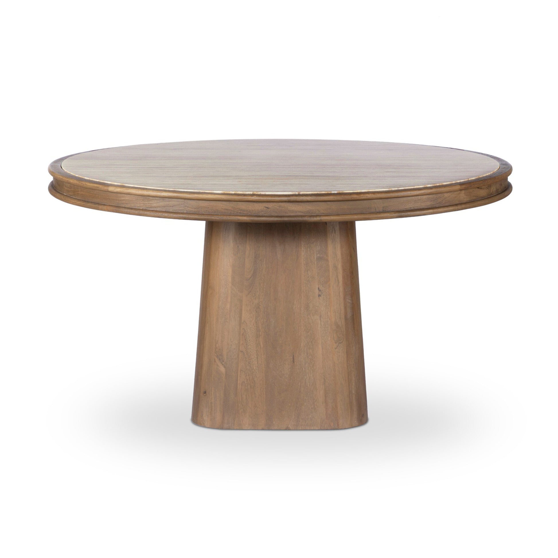 The Bourne Dining Table features a round wooden 55x55 inch smooth top and a thick cylindrical pedestal base, standing 30 inches high, presented against a plain white background.