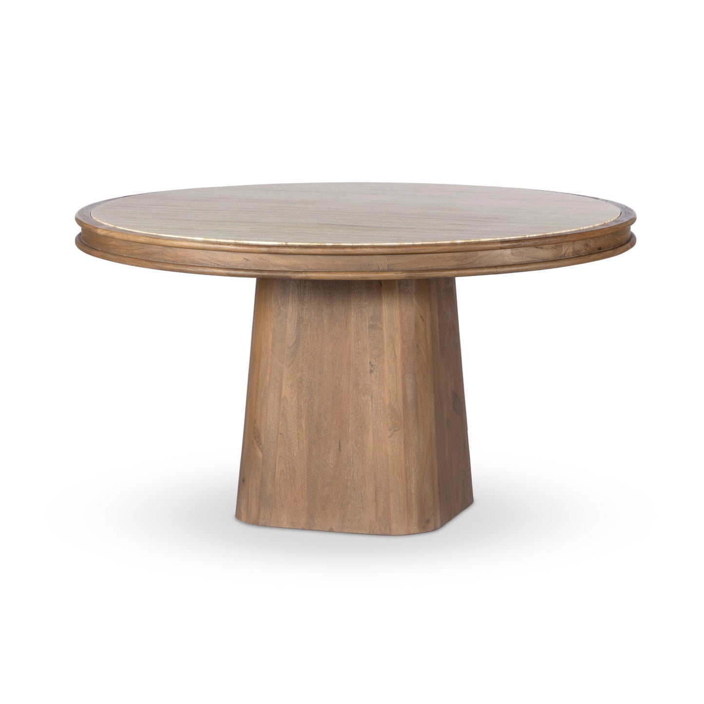The Bourne Dining Table features a round wooden 55x55 inch top with a thick, smooth surface and a solid, tapered pedestal base. It stands 30 inches high and is shown against a white background.