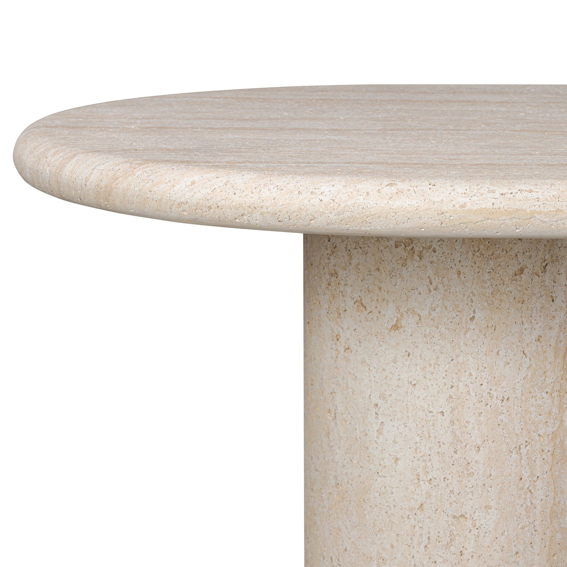 Close-up of the Textured Concrete Double Pedestal Outdoor Dining Table, featuring a round beige top with a smooth finish, cylindrical double base, and natural patterns with subtle color variations.