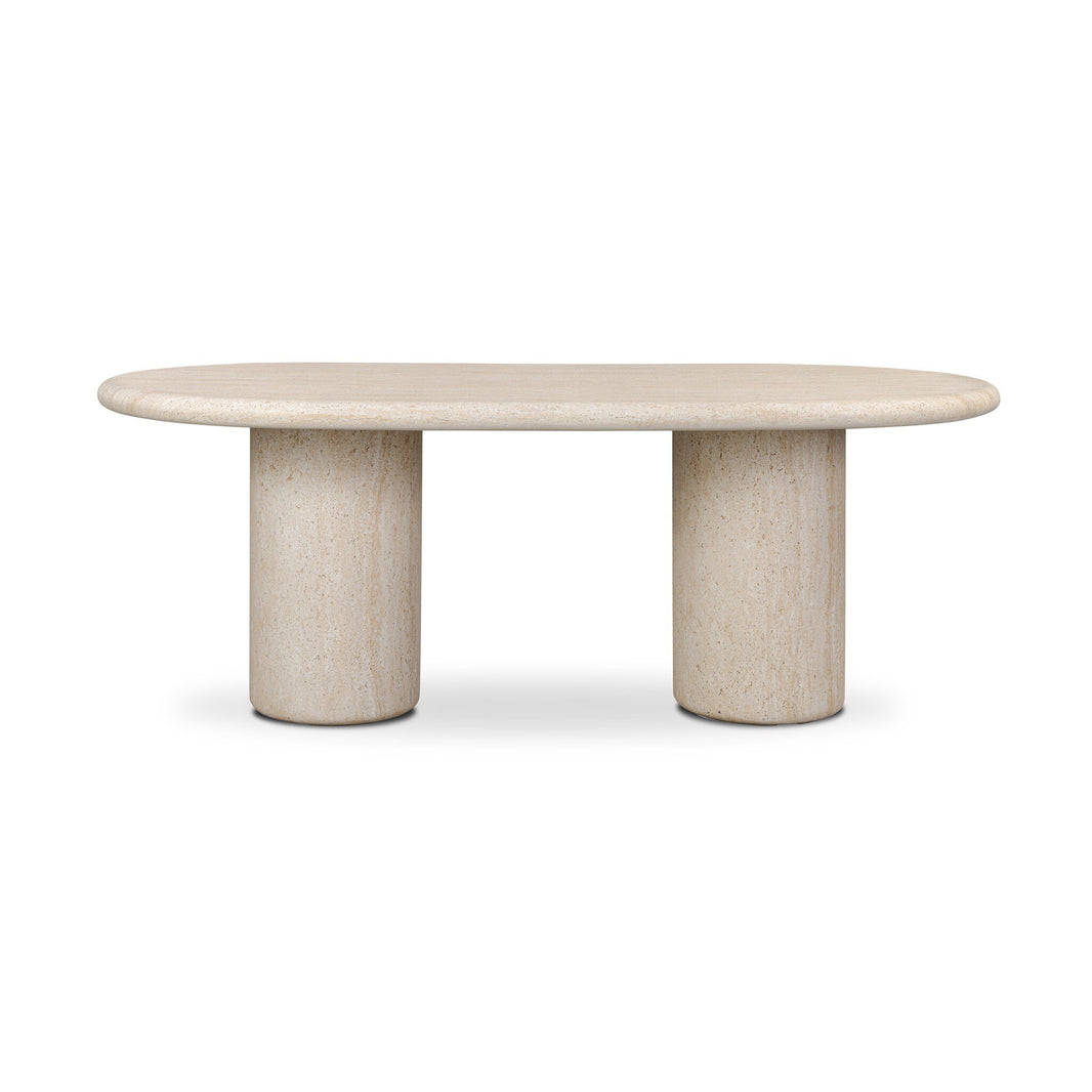 The Textured Concrete Double Pedestal | Outdoor Dining Table features a modern oval shape, smooth surface, and bold double pedestal design, displayed against a plain white background.