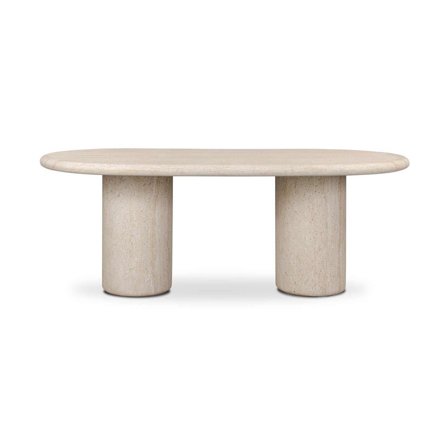 The Textured Concrete Double Pedestal | Outdoor Dining Table features a modern oval shape, smooth surface, and bold double pedestal design, displayed against a plain white background.