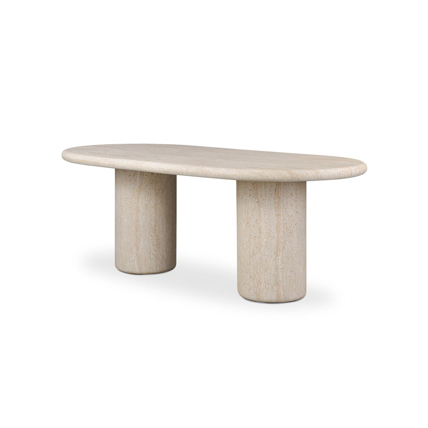 The Textured Concrete Double Pedestal Outdoor Dining Table, in white, showcases a sleek double pedestal design against a matching white background.