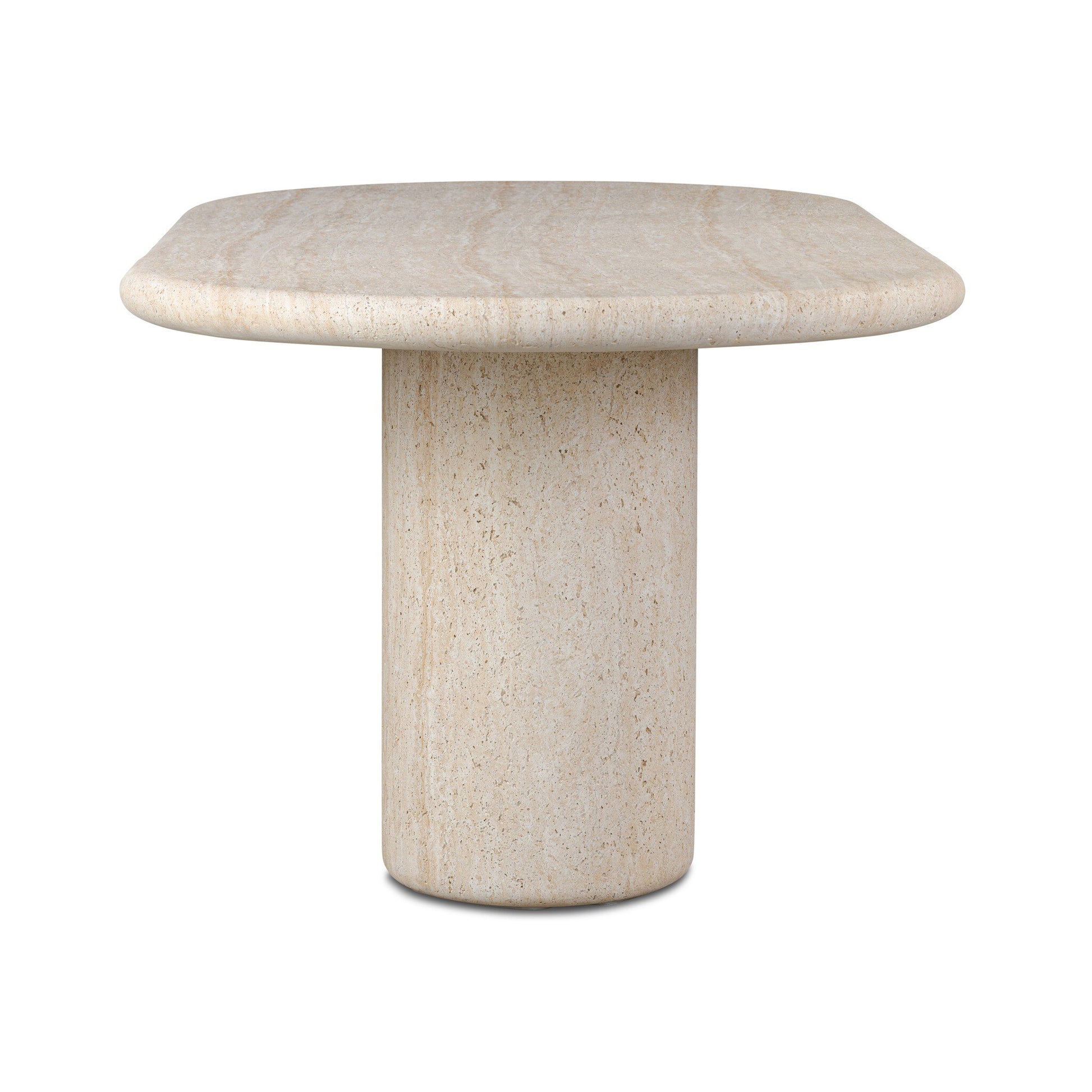 The Textured Concrete Double Pedestal Outdoor Dining Table features a round, beige design with a smooth, polished surface and thick double pedestal base, shown here beautifully on a white background.
