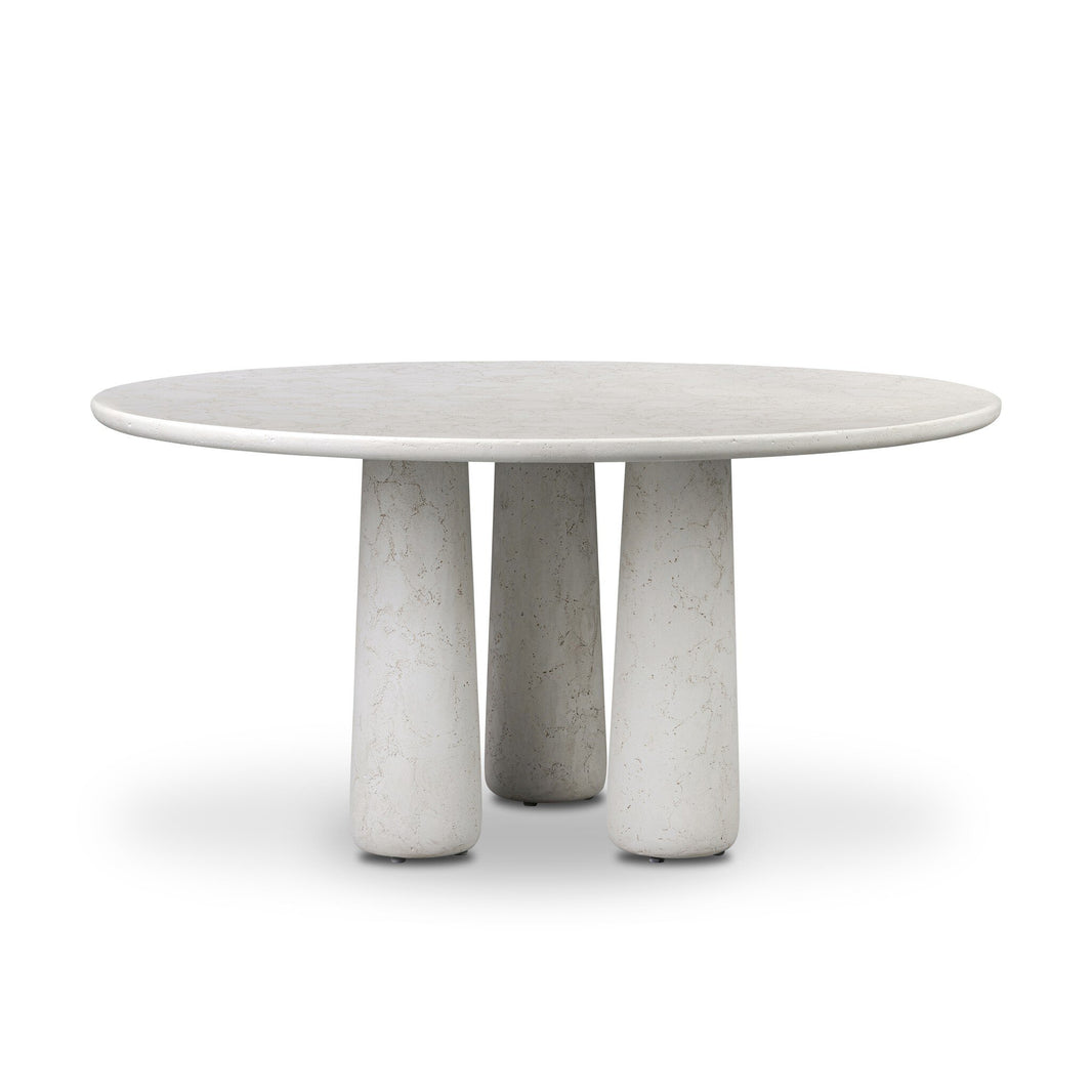The Cast Concrete Pedestal Base | Outdoor Dining Table features a smooth, light gray cast concrete top with three thick pedestal legs, presented against a white background.